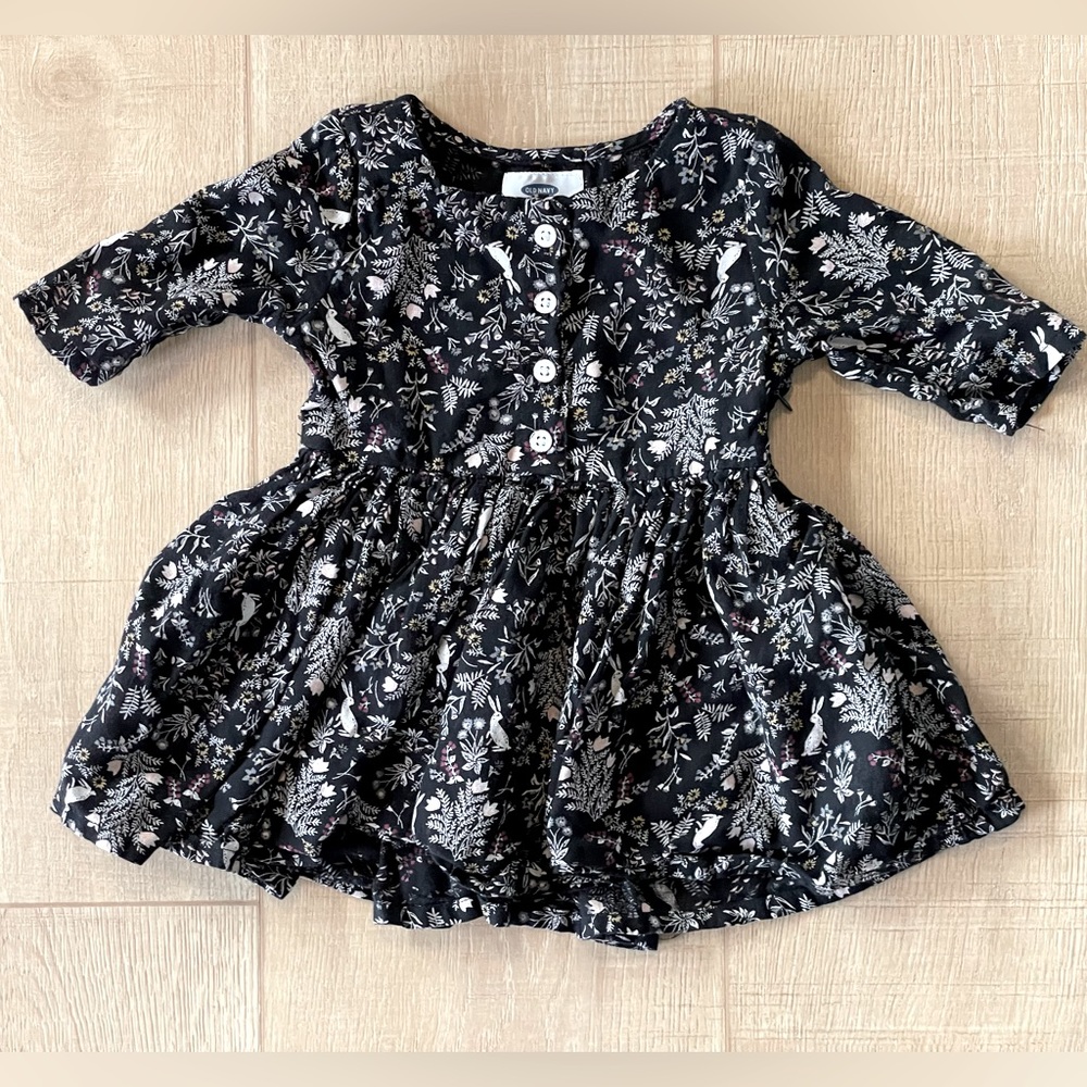 Old navy black floral and bunnies dress 18-24 month size
